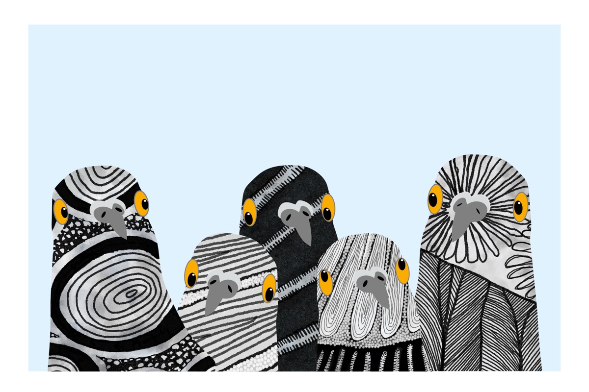 Five pigeons illustrated in intricate black and white textile patterns with golden eyes, against a pale blue background